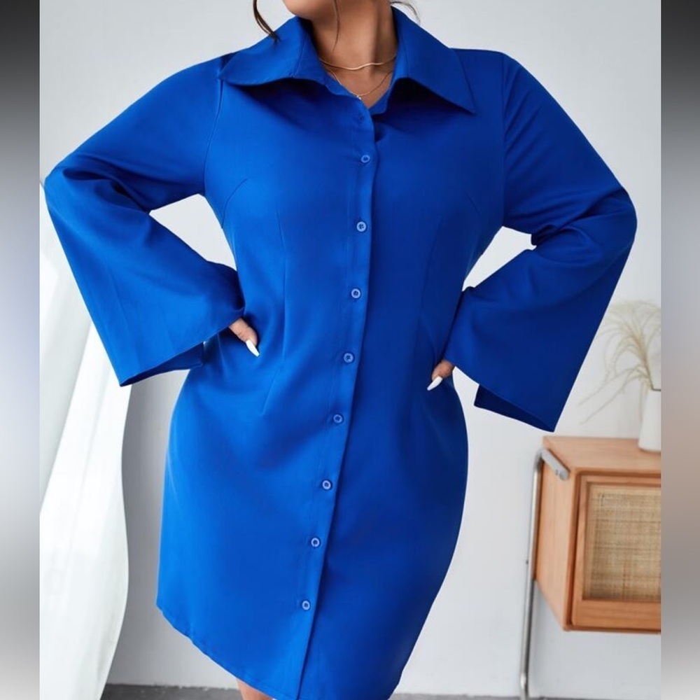 🔵 Blue Flounce Sleeve Button-Up Dress Size Medium/6